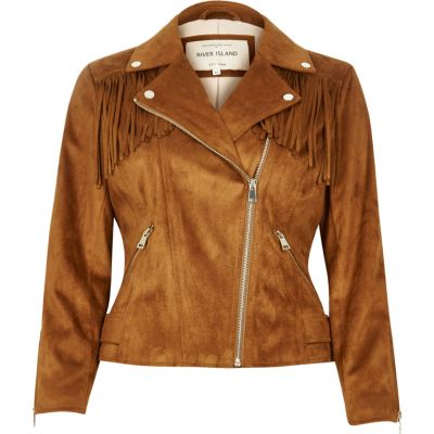 Brown fringed faux suede jacket